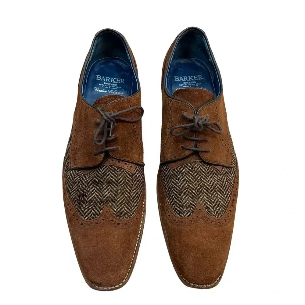 Barker England Jackson Derby Dress Shoes Mens Size 8.5 Leather Tweed Brown